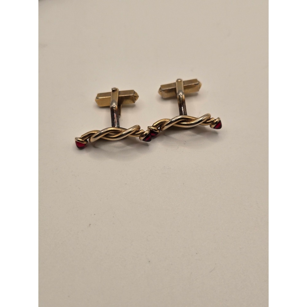 Vintage SWANK Gold Tone Love Knot Cufflinks Red Cabochon Accents Toggle Back